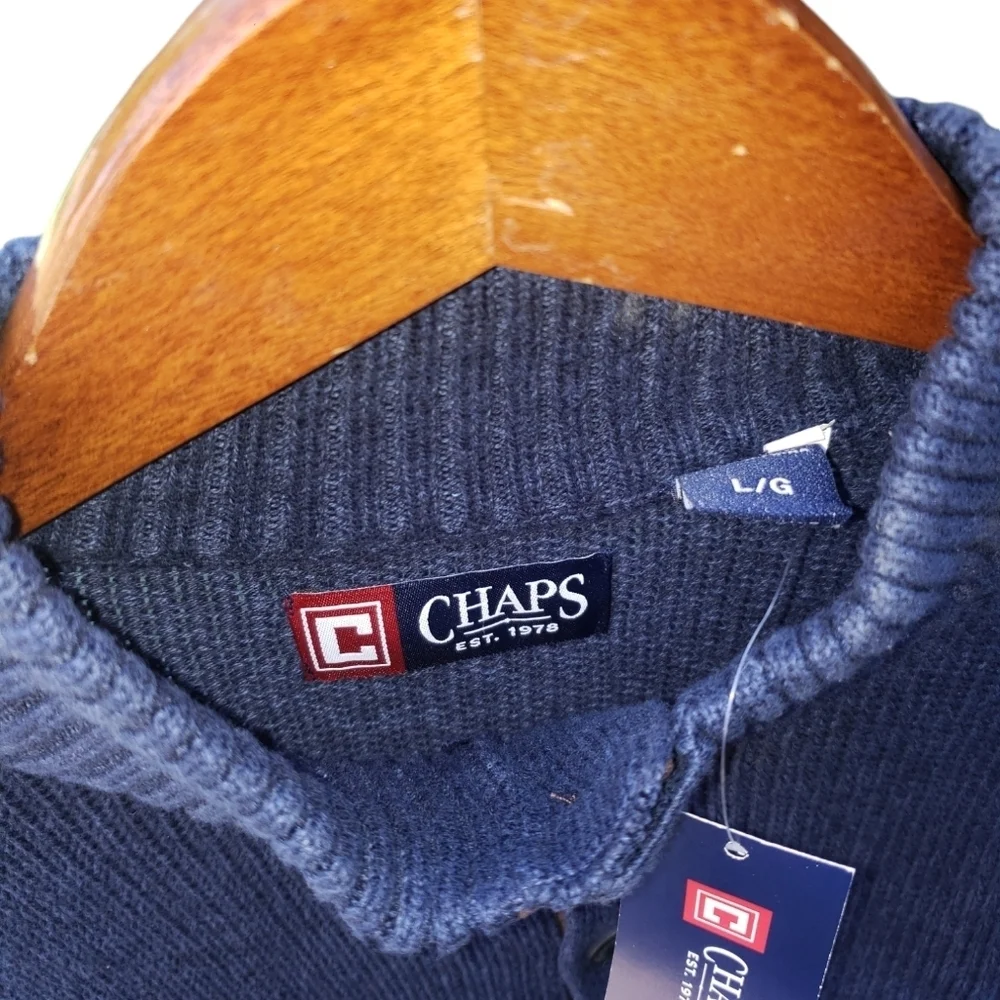Chaps Men's L Sweater With Elbow Patches Blue. 100% Cotton NWT